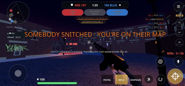 Gameplay: 'Somebody snitched — you're on their map' alert while a drive-by rolls