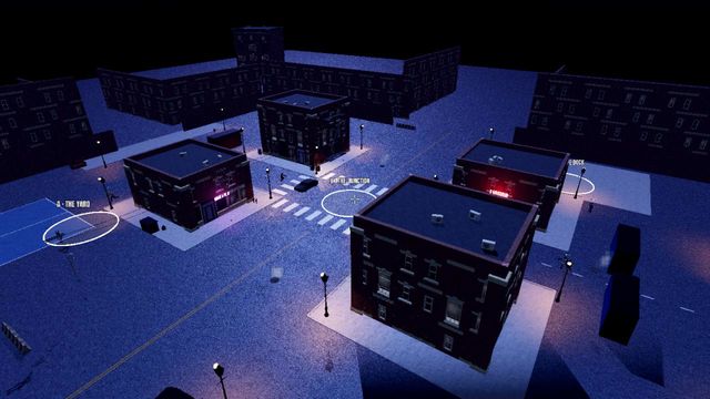 Aerial view of the block at night with the three capture zones