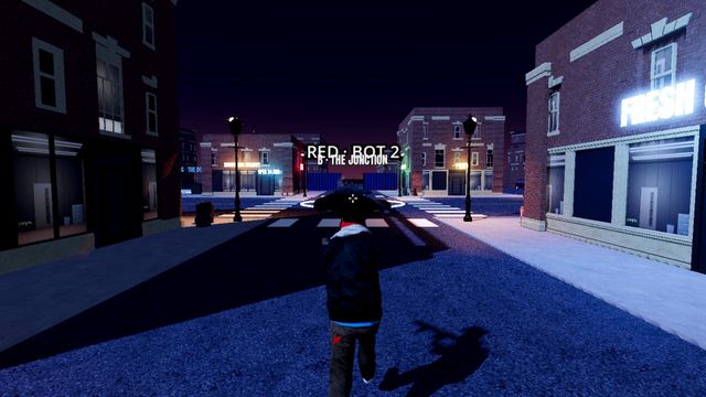 Third-person view of a crew moving up the street